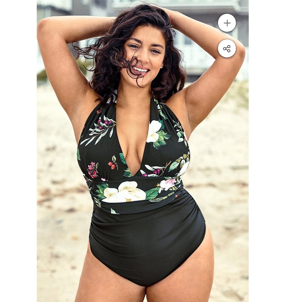 FLORAL PRINT HALTER PLUS SIZE ONE PIECE SWIMSUIT